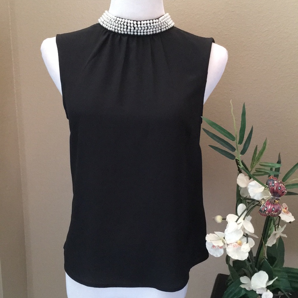 Black Silk Sleeveless Faux Pearl Neckline Top